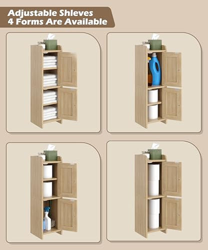 Rattan Small Bathroom Cabinet Narrow Toilet Paper Organizer Oak | 7.9''D x 7.9''W Bathroom Organizer and Storage Cabinet for Small Space, Slim Corner Unit with Adjustable Shelf