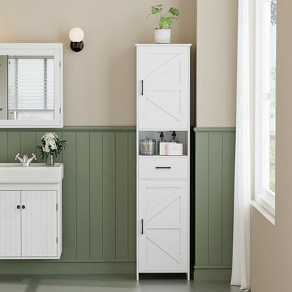 67" H Tall Bathroom Storage Cabinet with Barn Doors and Drawer | Narrow Storage Unit with Adjustable Shelves, Floor Cabinet for Bathroom, Living Room, Entryway or Kitchen, White, 15.7" W