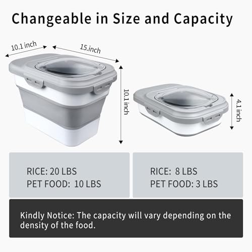 Rice Storage Container, Collapsible Airtight Food Storage Containers 6-20 Lbs, Rice Dispenser with Measuring Cup and Small Bin for Flour Cereal Pasta Grain, Cat Pet Dog Bird Food Container