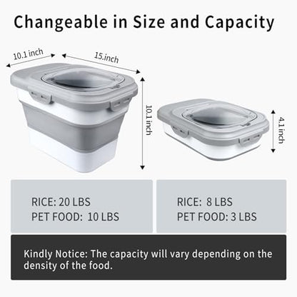 Rice Storage Container, Collapsible Airtight Food Storage Containers 6-20 Lbs, Rice Dispenser with Measuring Cup and Small Bin for Flour Cereal Pasta Grain, Cat Pet Dog Bird Food Container