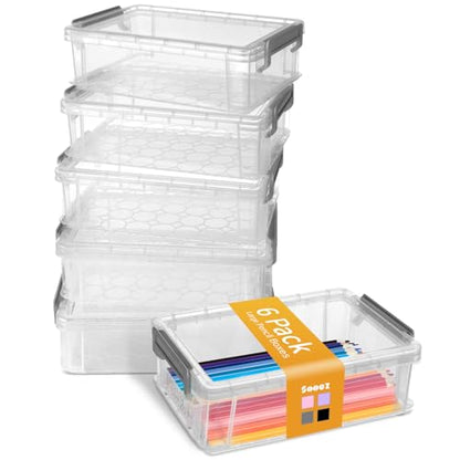 Sooez 6 Pack Extra Large Pencil Box, Plastic Pencil Case Crayon Box | Clear Marker Organizer Plastic Containers with Lid, Stackable Storage Boxes for Art Craft,Back to School Supplies, Grey