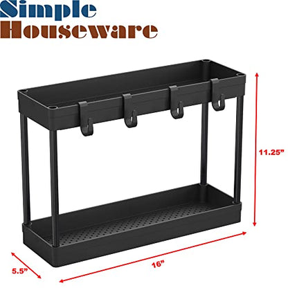 Simple Houseware 2-Tier Under Sink Organizer Storage Tray with Hooks, Black