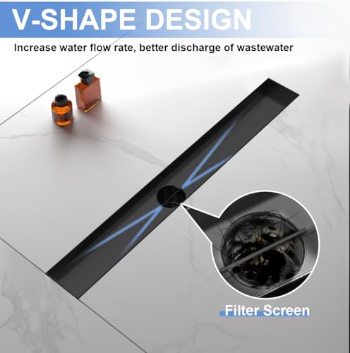 24 Inch Linear Shower Drain-Matte Black, with Tile Insert Grate | AISI 304 Stainless Steel Shower Drain, Rectangle Shower Floor Drain with Leveling Feet, Fits Bathroom & Balcony etc
