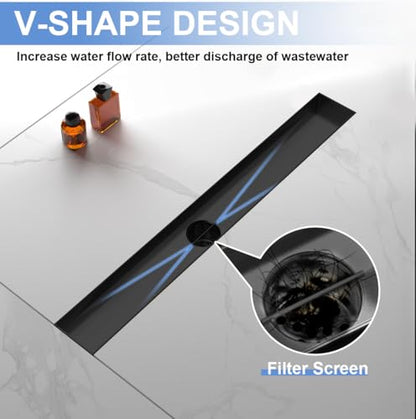 24 Inch Linear Shower Drain-Matte Black, with Tile Insert Grate | AISI 304 Stainless Steel Shower Drain, Rectangle Shower Floor Drain with Leveling Feet, Fits Bathroom & Balcony etc