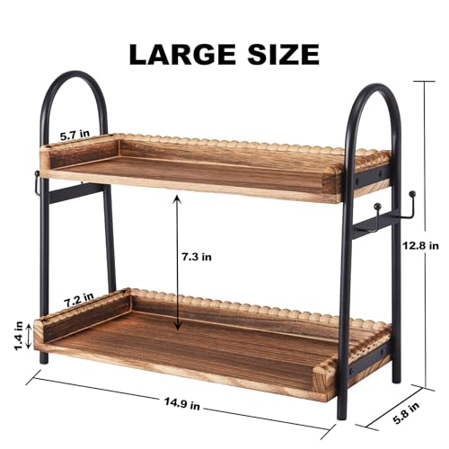 BDBDYEAY Coffee Bar Accessories, 2-Tier Coffee Bar Organizer with 4 Coffee Cup Holder Hooks, Mul-tifunctional Wooden Beaded Coffee Station Countertop Stand Shelf for Kitchen Home Office