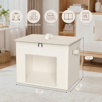 Zilink Fabric Storage Bins with Lid Sweater Closet Organizer, Beige,4 Pack | Stackable, Smooth Zipper, Clear Window, Cloth Storage Bins, Closet Organizers and Storage Box for Home, Office, Bedroom
