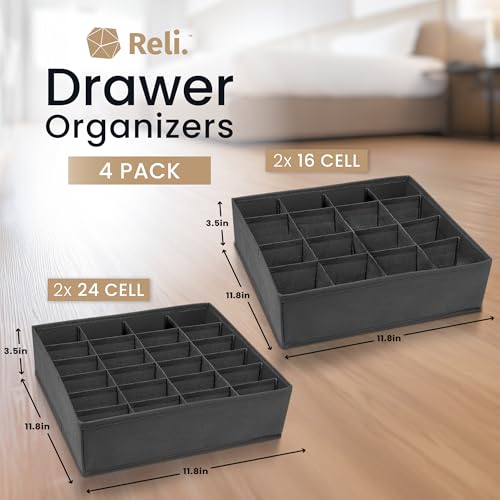 Reli. Sock Organizer (4 Pack) | 16+24 Cell Underwear Organizer | Gray | Drawer Dividers for Underwear, Socks, Ties, Belt | Foldable Fabric Storage Bins for Drawer, Closet, Dresser | 11.8x11.8x3.5"