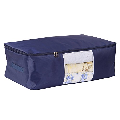 Blanket Storage Bags Pillow Bedspread Bedding Clothes Organizer Storage Containers With Zippers Breathable and Moistureproof. (Navy blue 2pcs, L)