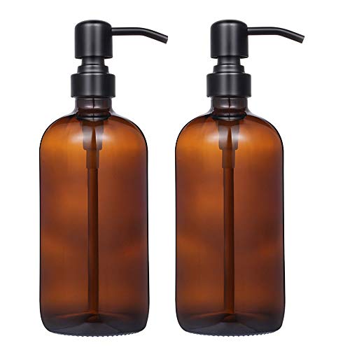 2 Pack Thick Amber Glass Pint Jar Soap Dispenser with Matte Black Stainless Steel Pump, 16ounce Boston Round Bottles Dispenser with Rustproof Pump for Essential Oil, Lotion Soap | Stainless Steel Pumps, Refillable Bottles, For Kitchen & Bathroom