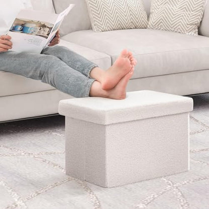 B FSOBEIIALEO Storage Ottoman Cube Small Sherpa Ottoman Foot Rest, Foldable Portable Boucle Ottomans, Faux Teddy Fur, Cream White 16.5"x12.6"x12.6"