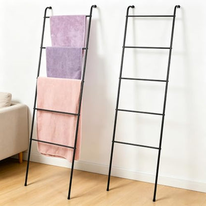 2 Pack Blanket Ladder Wall Leaning Metal Towel Ladder for Bathroom | 5 Tier Free Standing Towel Rack Black Blanket Holder for Living Room Laundry Room Home Decor