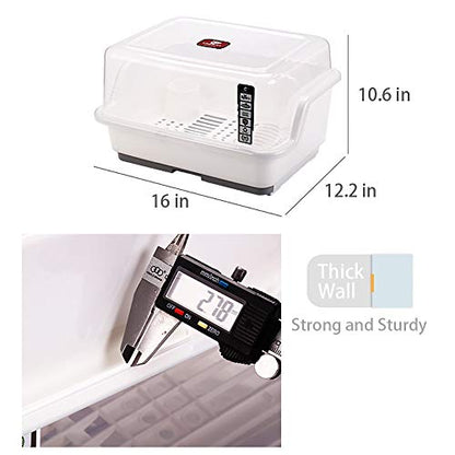 Tomorotec Medium Size Dish Drying Rack & Drain Board with Lid Cover, White | Kitchen Counter Drainer with Dust-Proof Clear Cover, Detachable Design with Utensil Holder, Plate Cup Tray Cutlery Drainer