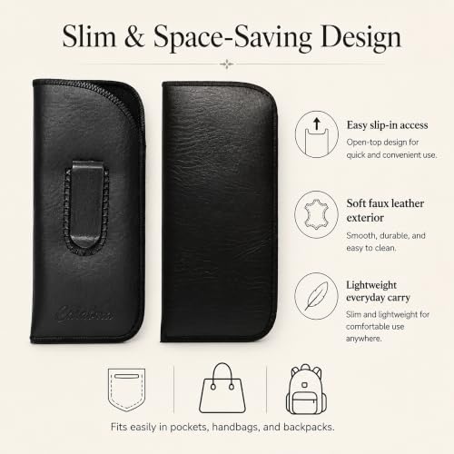Calabria Slim Eye Glasses Case with Clip Soft PU Leather Black (3Pack) Men Women Eyeglass Pouch Slip-In Eyewear Sunglasses Bag