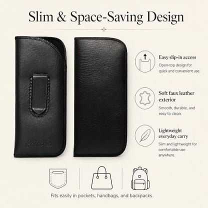 Calabria Slim Eye Glasses Case with Clip Soft PU Leather Black (3Pack) Men Women Eyeglass Pouch Slip-In Eyewear Sunglasses Bag