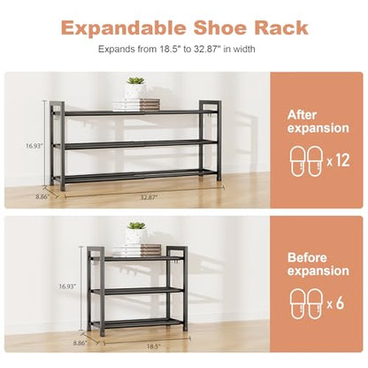 LANTEFUL 3-Tier Expandable Shoe Rack for Closet, Adjustable 18"-33" Metal Shoe Organizer for 12 Pairs, Shoe Shelf for Small Spaces, Entryway, Bedroom with 5 Hooks