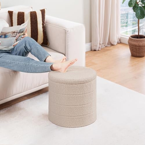 Round Storage Ottoman Foot Rest Stool with Tray Velvet Sherpa Folding Storage Ottoman,Boucle Foot Rest for Living Room, Bedroom, Dorm,Beige Color
