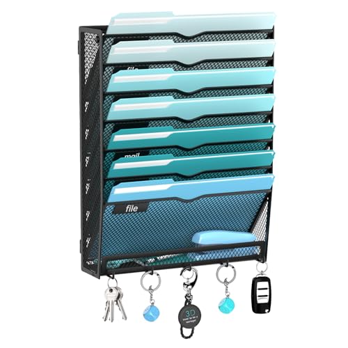 8-Tier Wall File Organizer and Mail Organizer with 5 Hooks, Black | Label slots, curved openings, 5 key hooks, and a bottom tray support organized mail, file, and everyday item storage.
