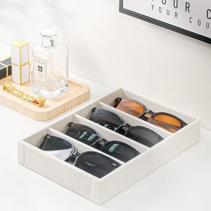 Byken 2 Pcs Sunglasses Organizer,4 Grid Eyeglass Jewelry Storage Tray for Drawer,Beige White