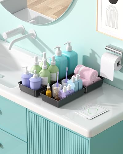 10 Pack Large Size Plastic Drawer Organizers Set, 3 Sizes Desk Drawer Organizer Trays, Storage Bins for Vanity, Makeup, Bathroom, Kitchen Utensils and Office (Black)
