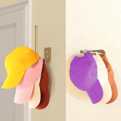 Durmmur Stainless Steel Hat Organizer, Hat Rack for Wall,Each Holds 15 Hats | 2P Strong Adhesive/Wall Drilled Hat Holder, Hat Hooks, Hat Hanger Baseball Cap Organizer for Door,Bedroom,Closet(Gold 6 in)