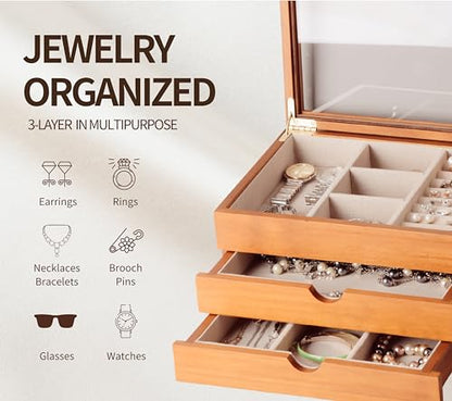 Clasin Home Jewelry Box with Glass Lid, 3 Layer Jewelry Organizer for Women, Solid Wooden Jewelry Box Display for Ring Earrings Necklace Bracelet, Pine Wood Jewelry Boxes Vintage Style for Gifts