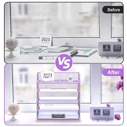 5 Trays Paper Organizer Letter Tray with Handle-Mesh Desk File Holders, Paper Sorter Desk Organizer for Office, Home, Classeoom or School, Purple