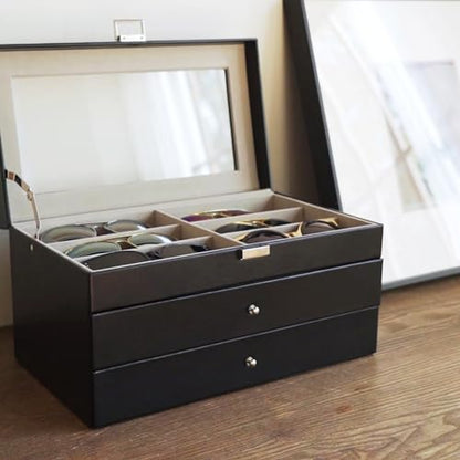 ProCase 3-Layer Sunglasses Storage Organizer -Black | 18-Slot Leather Sunglass Box Case, Holds Eyeglasses, Sunglasses & Eyewear, Great Valentine's Gift for Men & Women
