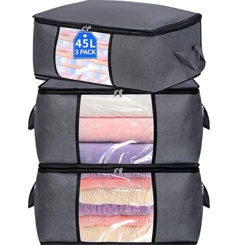3 Pack Storage Bags, 45L Foldable Clothes Storage... (3 Count | 45L Grey | ‎Fabric+PVC)
