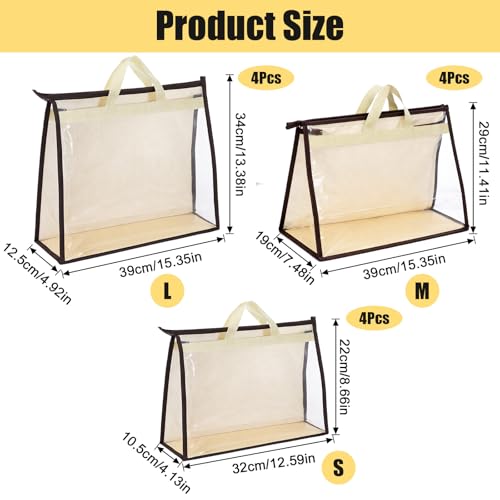 MAQUITA 12 Pack Clear Handbag Storage Organizer, Anti-dust Purse Storage Bags with Zipper and Handle Moisture Proof Dust Cover Organizer Bags for Closet Hanging, 3 Assorted Sizes