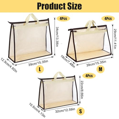 MAQUITA 12 Pack Clear Handbag Storage Organizer, Anti-dust Purse Storage Bags with Zipper and Handle Moisture Proof Dust Cover Organizer Bags for Closet Hanging, 3 Assorted Sizes