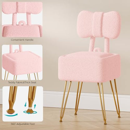 Small Vanity Stool Chair with Storage and Foldable Back, Pink