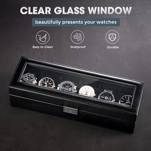 ProCase 6 Slots Watch Case Box for Men -AllBlack | PU Leather Man Watch Organizer, Soft Pillow, Lockable Glass Display Lid, Storage Holder for Watch Collection