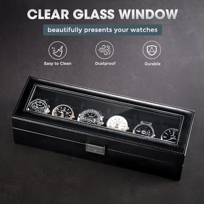 ProCase 6 Slots Watch Case Box for Men -AllBlack | PU Leather Man Watch Organizer, Soft Pillow, Lockable Glass Display Lid, Storage Holder for Watch Collection