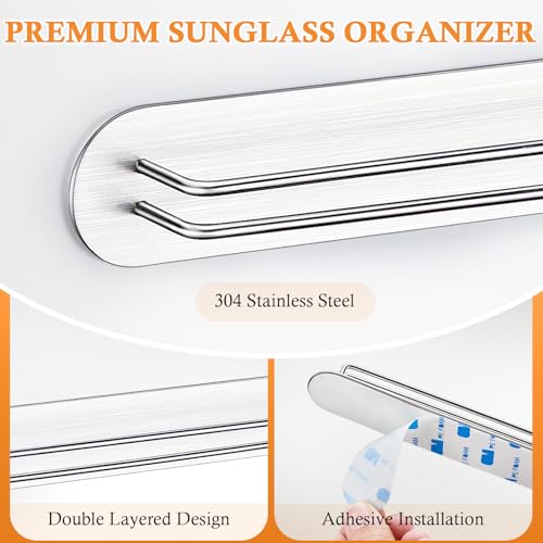 Sunglasses Organizer Wall Mounted, Metal Glasses Sunglass Holder for Wall, Self Adhesive Eyeglass Display Storage Rack for Hanging Multiple Glasses (Silver, 2PCS)