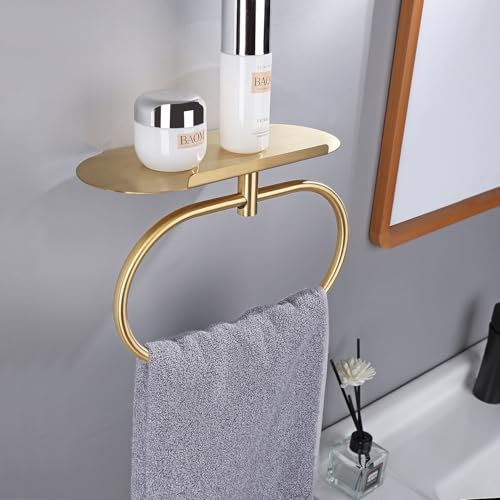 Towel Ring with Shelf, Heavy Duty Stainless Steel Bathroom Hardware, Adhesive No-Drill or Drill Mount Wall Mounted Towel Holder for Bathroom and Kitchen (Gold)
