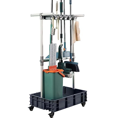 Broom mop Holder Cleaning Supplies Organizer Janitor carts on Wheels Housekeeping Station Storage Tools for Garage, Garden, Closet, Cabinet