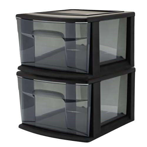HOMZ 1 Drawer Storage Cart, Medium Plastic Container, Black Frame, 2 Pack | 14.25" Wide Medium Tote with 1 Smoke Tint Drawer for Organizing Bathrooms, Bedrooms, Home Offices, Closets, and Dorm Rooms