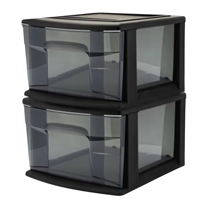 HOMZ 1 Drawer Storage Cart, Medium Plastic Container, Black Frame, 2 Pack | 14.25" Wide Medium Tote with 1 Smoke Tint Drawer for Organizing Bathrooms, Bedrooms, Home Offices, Closets, and Dorm Rooms