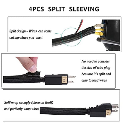 311Pcs Cable Management Organizer Kit 4 Cable Sleeve Split | 53Cable Clips 12Cord Clips Holder,22 Cable Ties, 20 Adhesive Wall Cable Tie, 200Fasten Cable Ties for TV Office Home