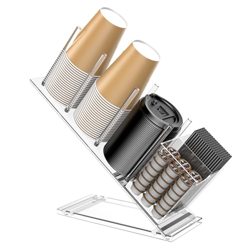 Acrylic Cup and Lid Holder with Straw Organizer | Adjustable Coffee Cup Holder Organizer, 5 Compartment Cup Dispenser for Disposable Paper & Plastic Cups, for Home Countertop