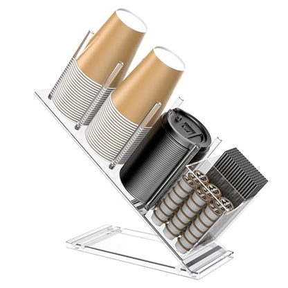 Acrylic Cup and Lid Holder with Straw Organizer | Adjustable Coffee Cup Holder Organizer, 5 Compartment Cup Dispenser for Disposable Paper & Plastic Cups, for Home Countertop