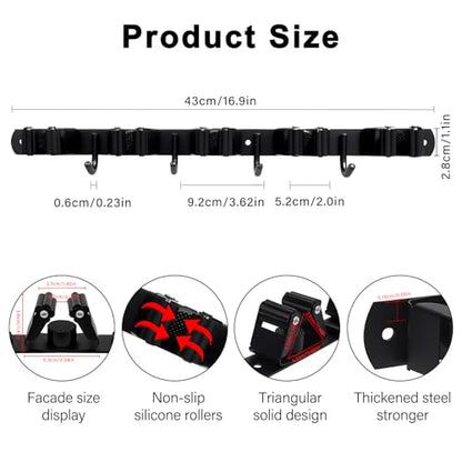 SUS304 5 Racks and 4 Hooks Mop and Broom Holder Wall Mount | Heavy Duty Self Adhesive Solid Non-slip Broom Organizer Storage Tool Racks for Home Kitchen Garden Laundry Garage