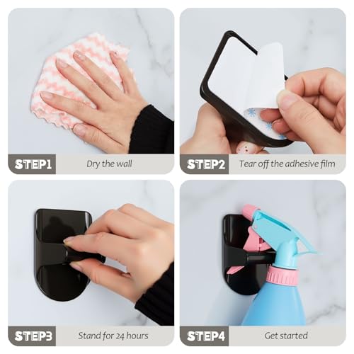 8 Pcs Wall Mount Spray Bottle Hooks Holder Spray Bottle Hanger Adhesive Hook to Create Storage Space Rack Organizer Hanger for Cabinet Kitchen Variety Surfaces (Black)