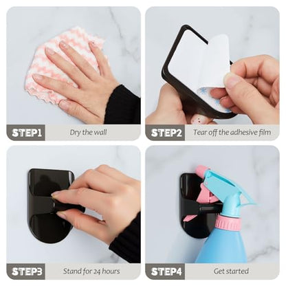 8 Pcs Wall Mount Spray Bottle Hooks Holder Spray Bottle Hanger Adhesive Hook to Create Storage Space Rack Organizer Hanger for Cabinet Kitchen Variety Surfaces (Black)