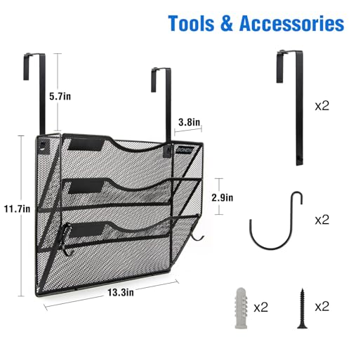 Wall File Organizer, 3 Tire Hanging File Folder Mail Organizer, Vertical Mesh Metal Door/Wall Mount Hanging File Holder, Paper Document Magazine Rack with Hooks for Home Office Black