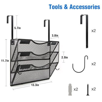 Wall File Organizer, 3 Tire Hanging File Folder Mail Organizer, Vertical Mesh Metal Door/Wall Mount Hanging File Holder, Paper Document Magazine Rack with Hooks for Home Office Black