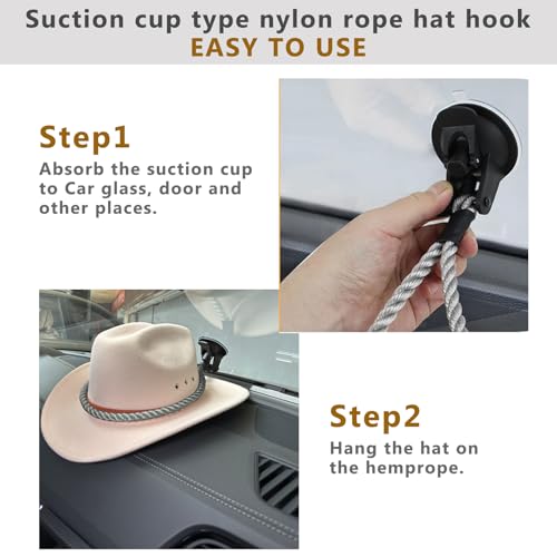 Cowboy Hat Holder for Trucks & Cars – 2-Pack Suction Cup Hat Rack, Universal Hat Mount for Windshield/Dash, Durable Lariat Rope Design (No Tools Needed)