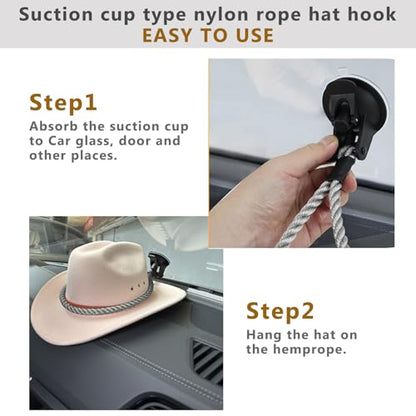 Cowboy Hat Holder for Trucks & Cars – 2-Pack Suction Cup Hat Rack, Universal Hat Mount for Windshield/Dash, Durable Lariat Rope Design (No Tools Needed)