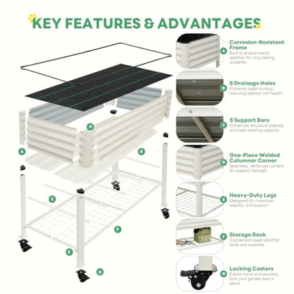 Elevated Raised Garden Bed Outdoor with Shelf, Wheels, 2' X 4', White | Galvanized Metal Planter Box, Drainage Holes, Leg, Gloves, Tools, Rubber Strips, for Backyard, Patio,Flowers, Herbs, Balcony