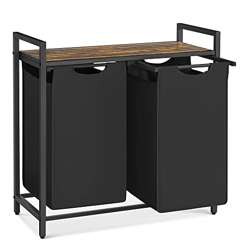 VASAGLE Laundry Hamper, Laundry Basket, Laundry Sorter with 2 Pull-Out and Removable Bags, Shelf, Metal Frame, 2 x 12.1 Gallons (46 L), 28.8 x 13 x 28.4 Inches, Ink Black and Rustic Brown UBLH201B01
